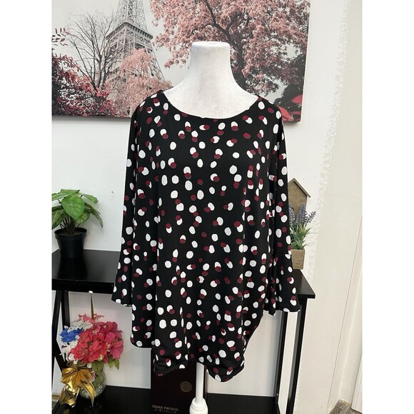 Carmen Marc Valvo Size 2X Womens Top Black Polka Dot Knit Bell 3/4 Sleeve Tunic - Picture 2 of 9